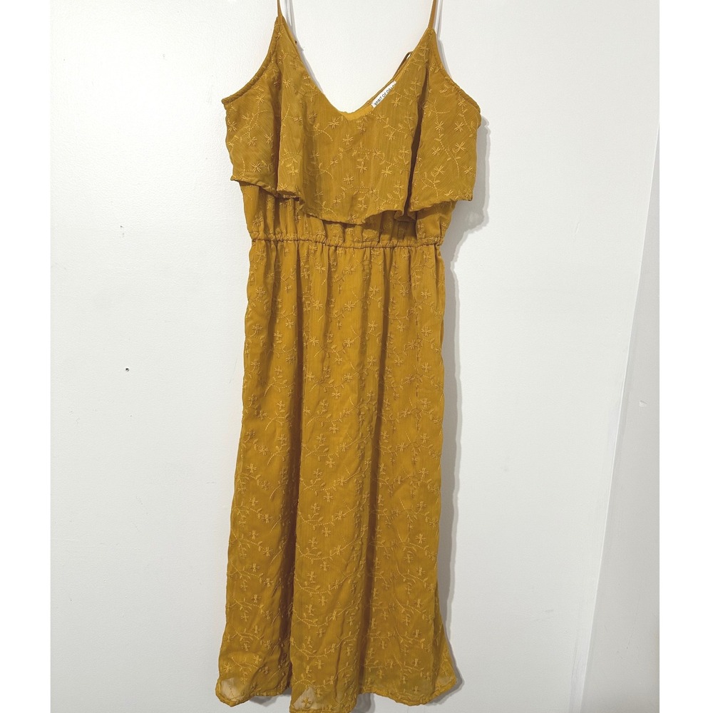 Spirit of Grace Midi Dress Womens Small Mustard Yellow Embroidered Ruffle Boho